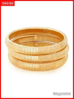 Chunky Gold Beaded Bangle Bracelet Set Stack Stretchy Snake Link Chain Flexible